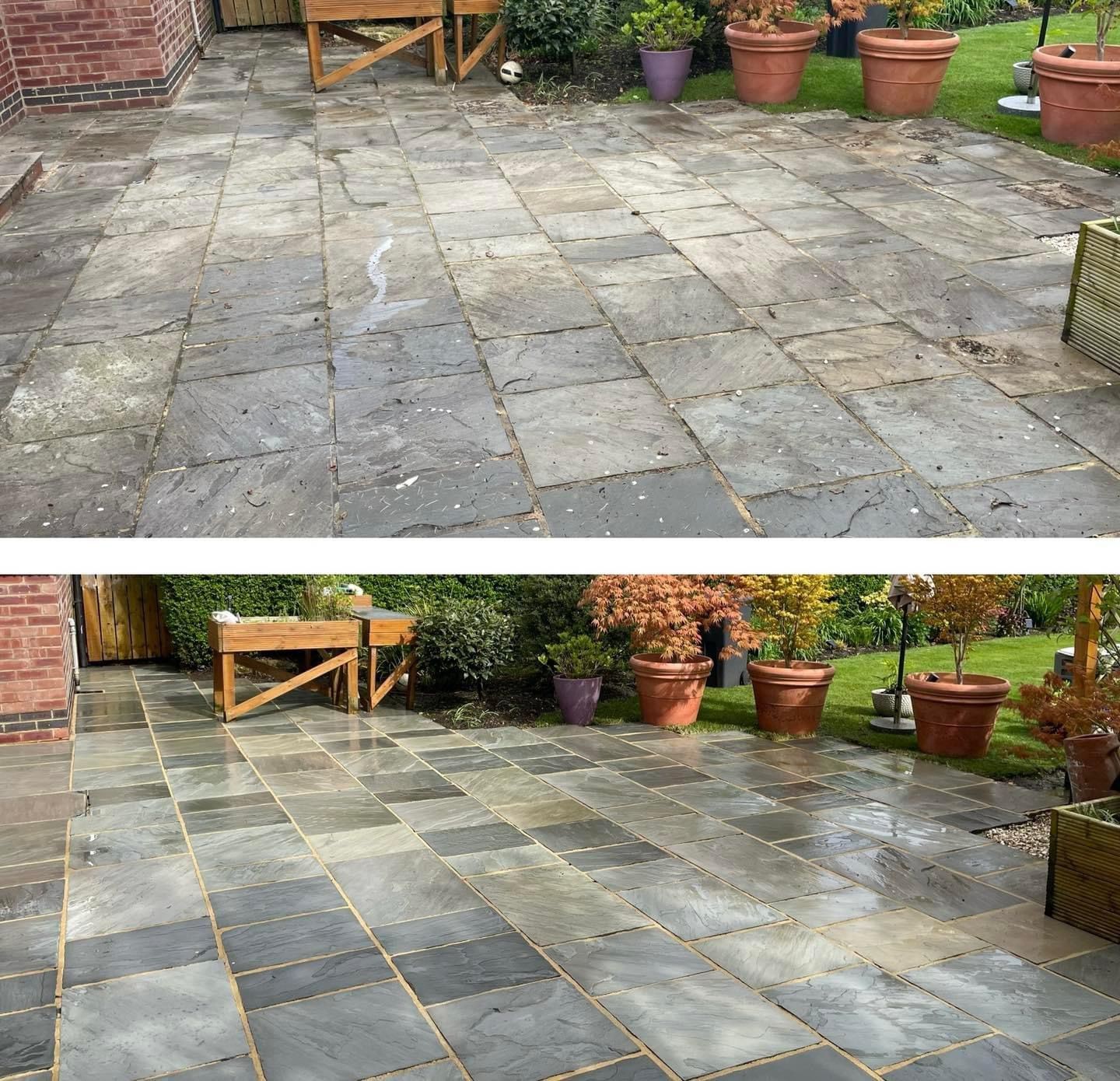 Before and after image of a grey sandstone patio, with the top showing dirt and stains, and the bottom displaying the surface freshly cleaned and sealed, revealing a vibrant, restored look.