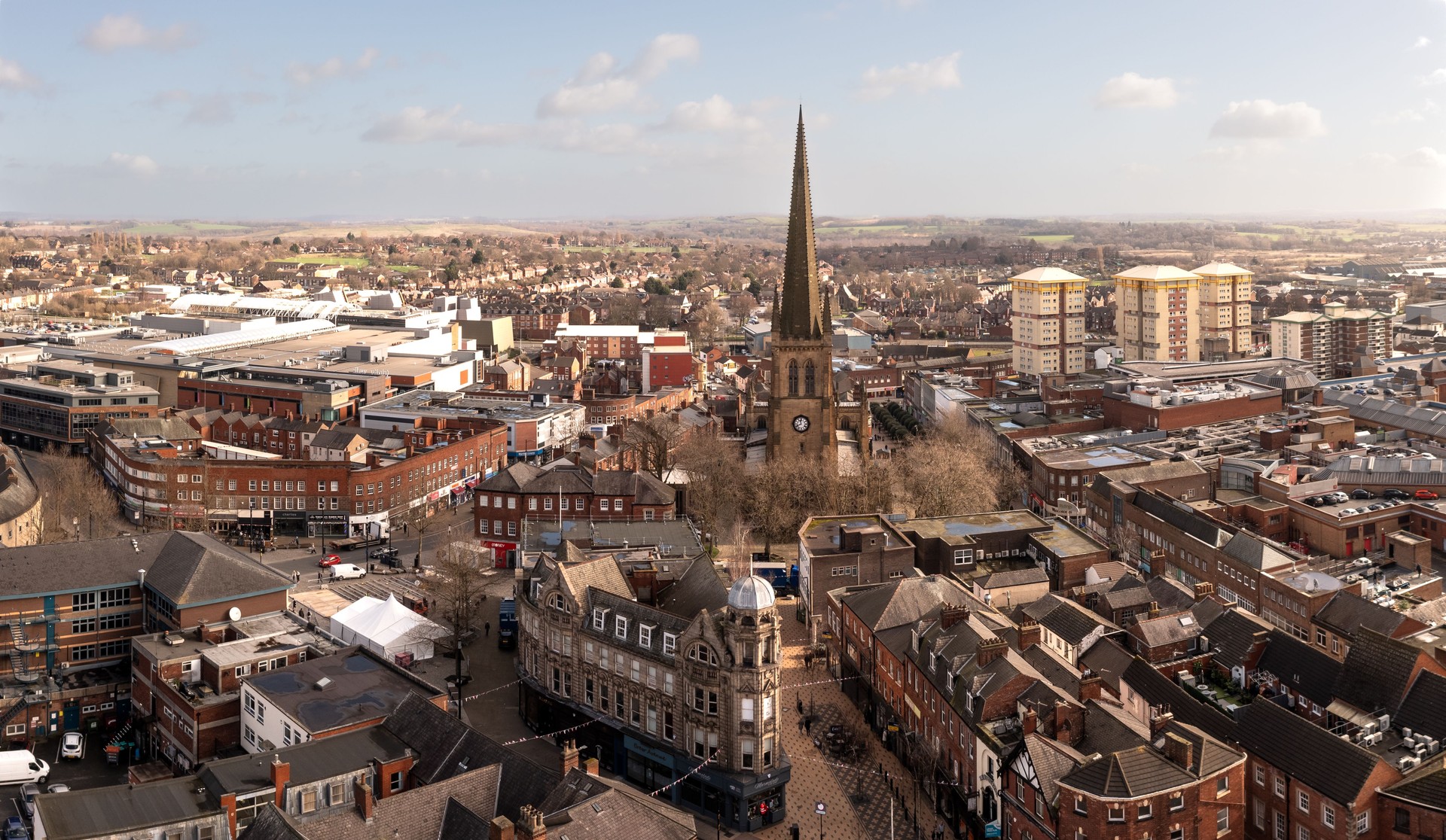 Aerial landscape of Wakefield cityscape skyline in West Yorkshire