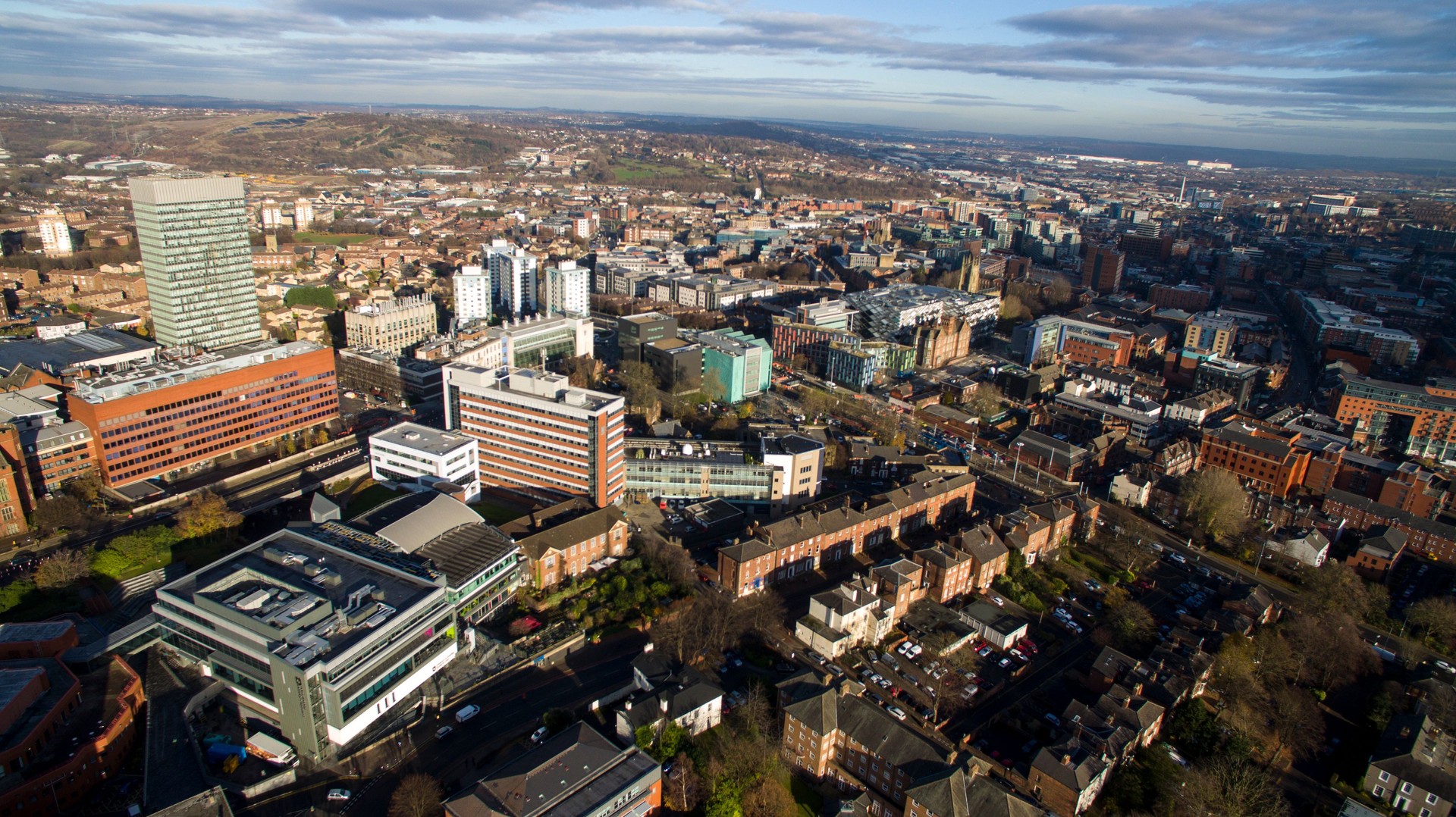 Aerial shot overlooking Sheffield city centre